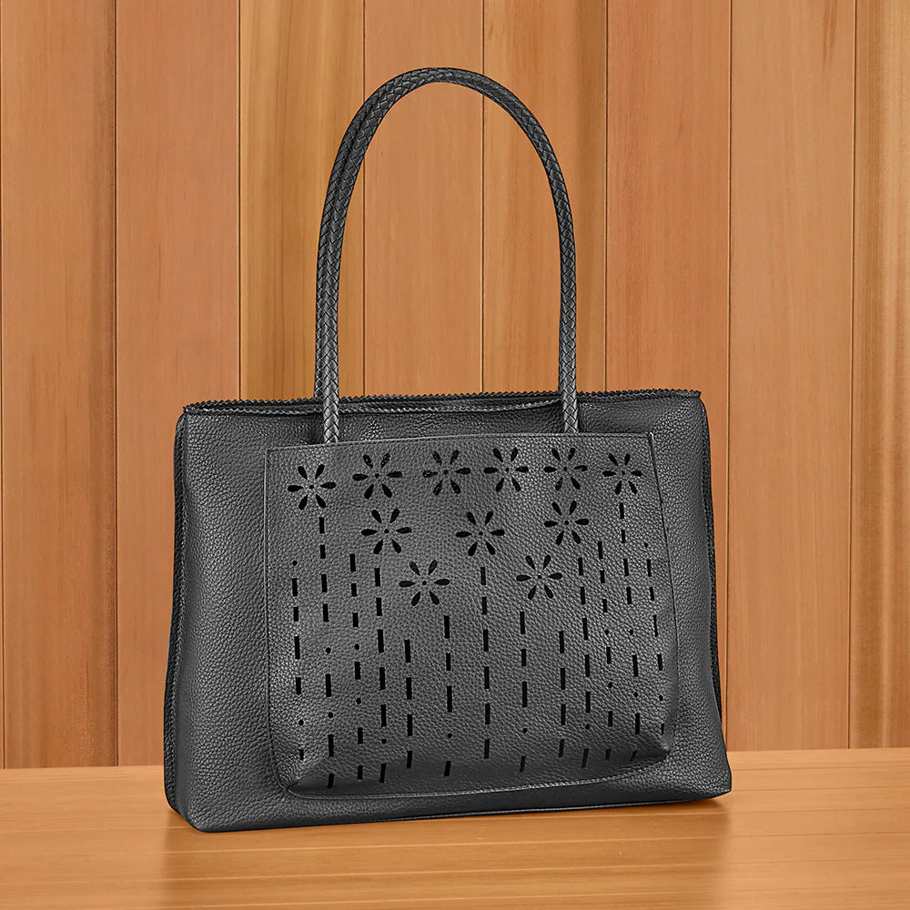22 Tote Vegan Leather Flower Zip Tote Handbag with Pockets - Image 4