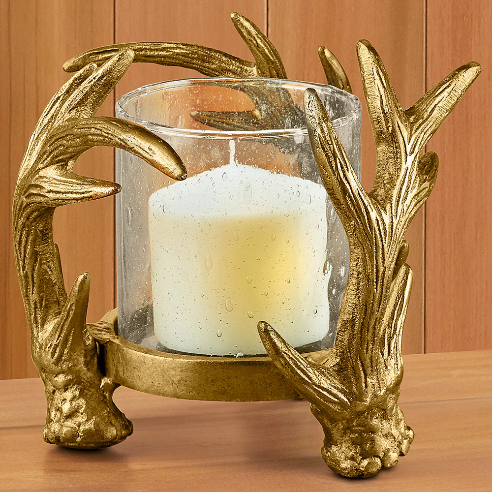 Antler Metal and Glass Hurricane Candleholder
