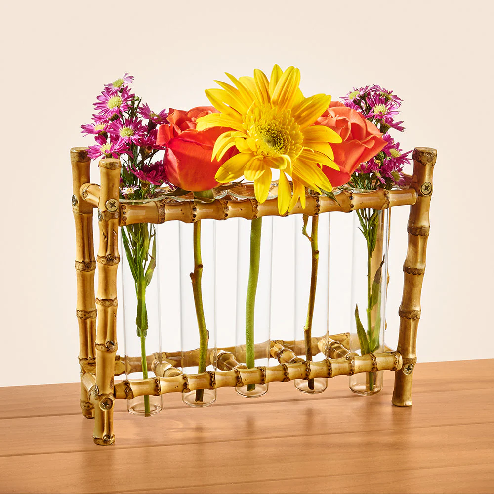 Bamboo and Glass Test Tube Bud Vases