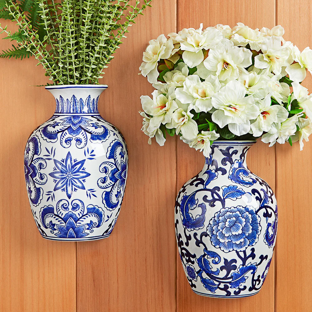Blue & White Porcelain Chinoiserie Wall Vase - Image 2