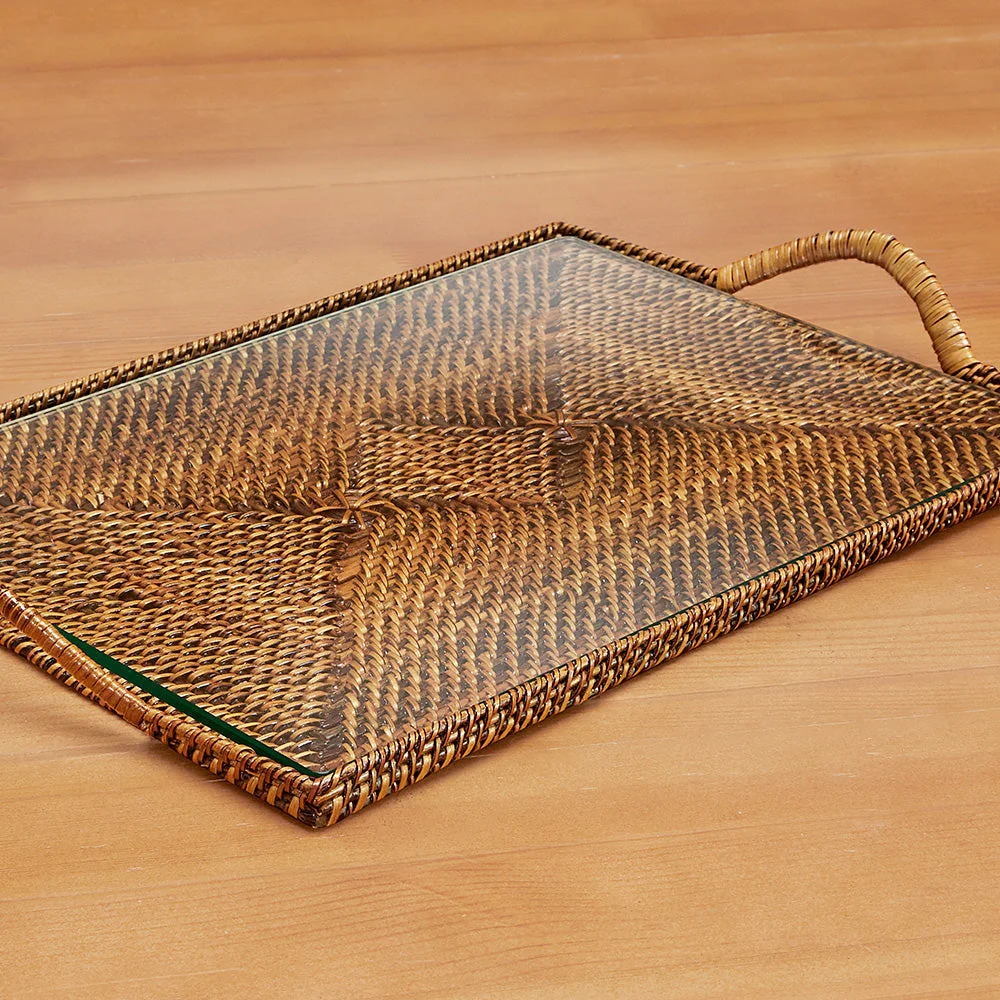 Calaisio Woven Rectangular Serving Tray with Glass Insert - Image 2