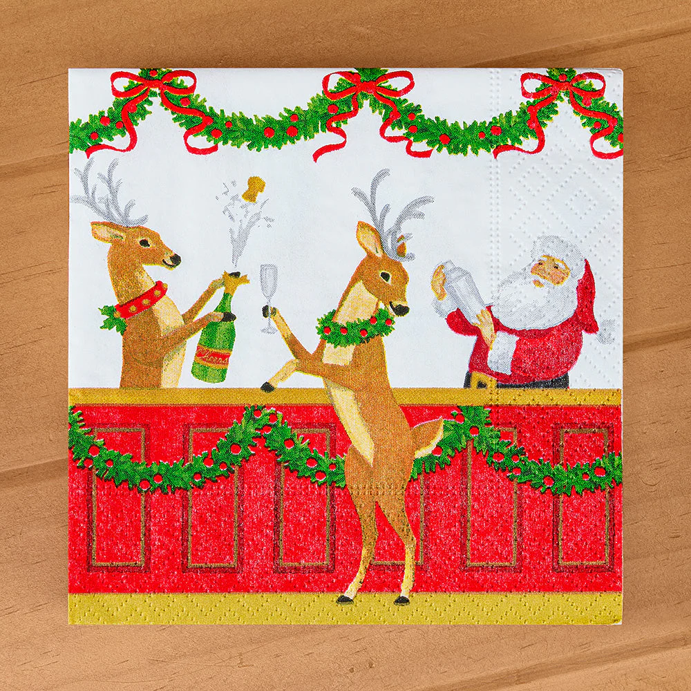 Caspari Paper Cocktail Napkins, Toasting to Reindeer at Santa's Bar