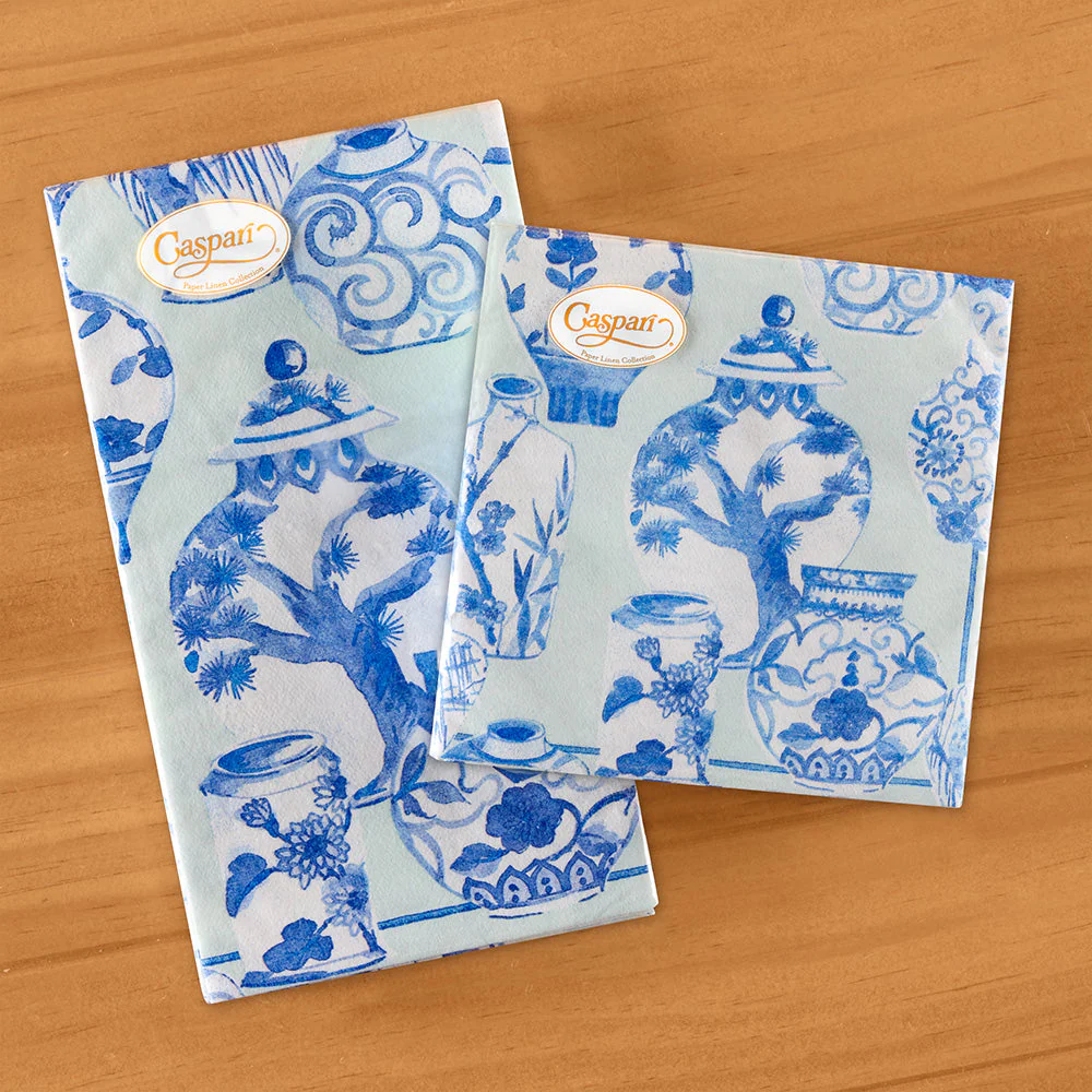 Caspari Paper Linen Napkins, Celadon Chinoiserie