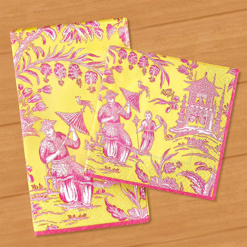 Caspari Paper Napkins, Chartreuse Silk Road Toile