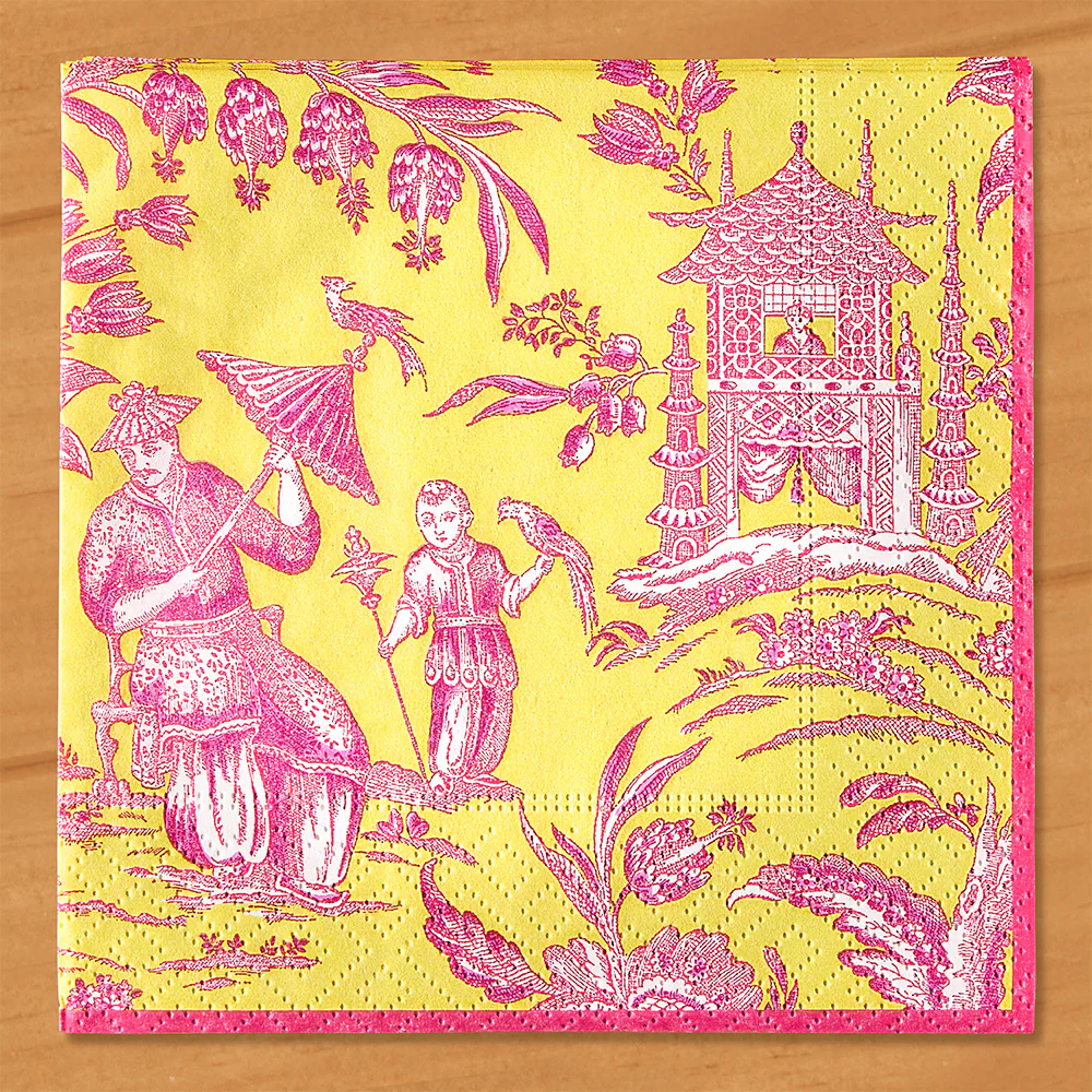 Caspari Paper Napkins, Chartreuse Silk Road Toile - Image 2