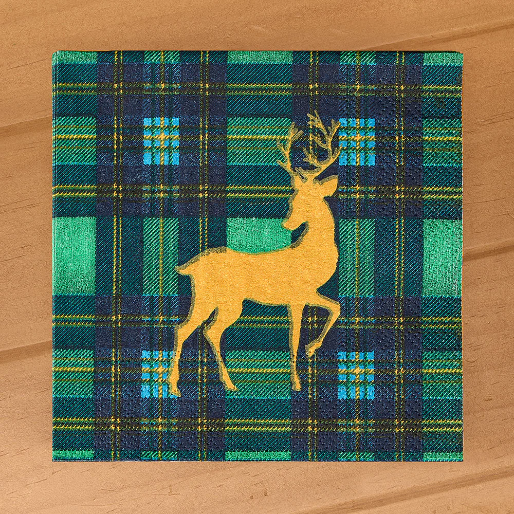 Caspari Paper Napkins, Christmas Reindeer on Green Tartan - Image 2