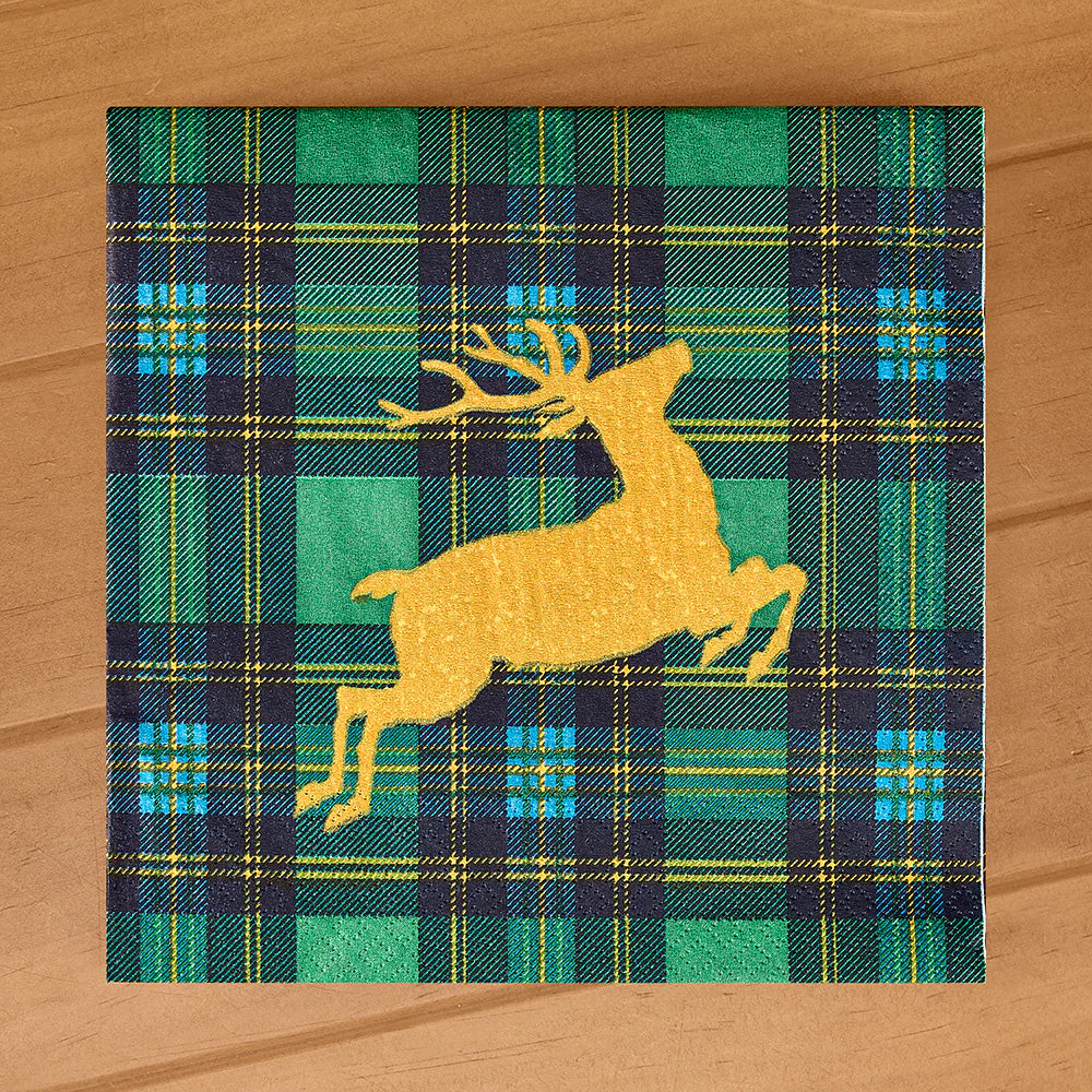 Caspari Paper Napkins, Christmas Reindeer on Green Tartan - Image 3