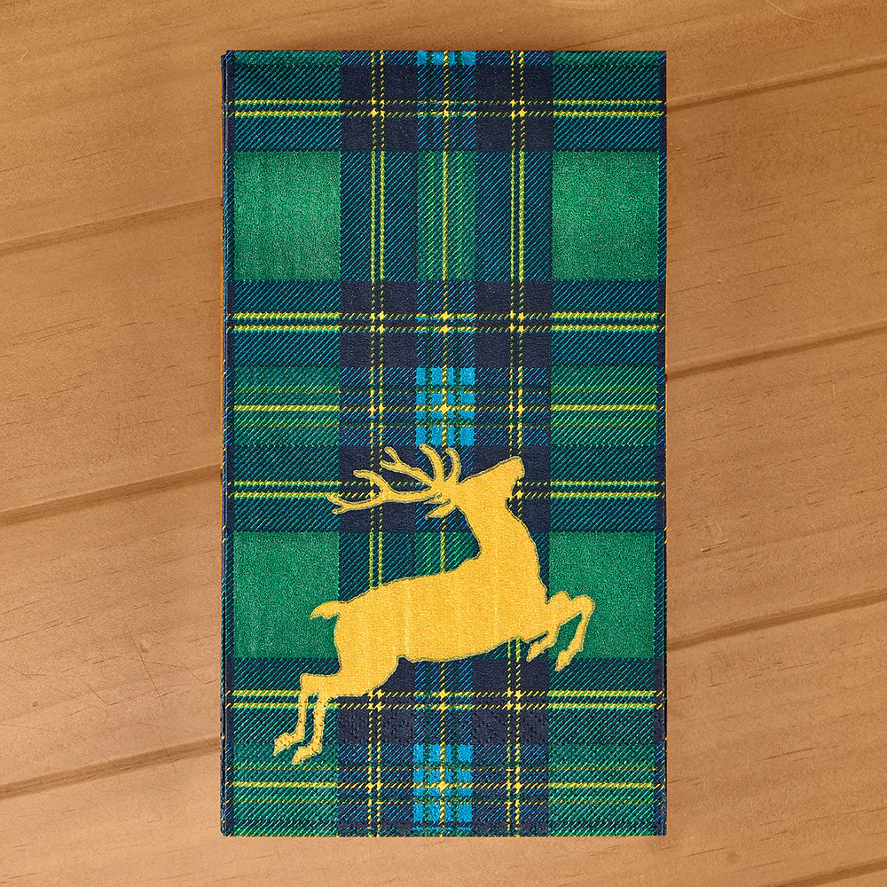 Caspari Paper Napkins, Christmas Reindeer on Green Tartan - Image 4