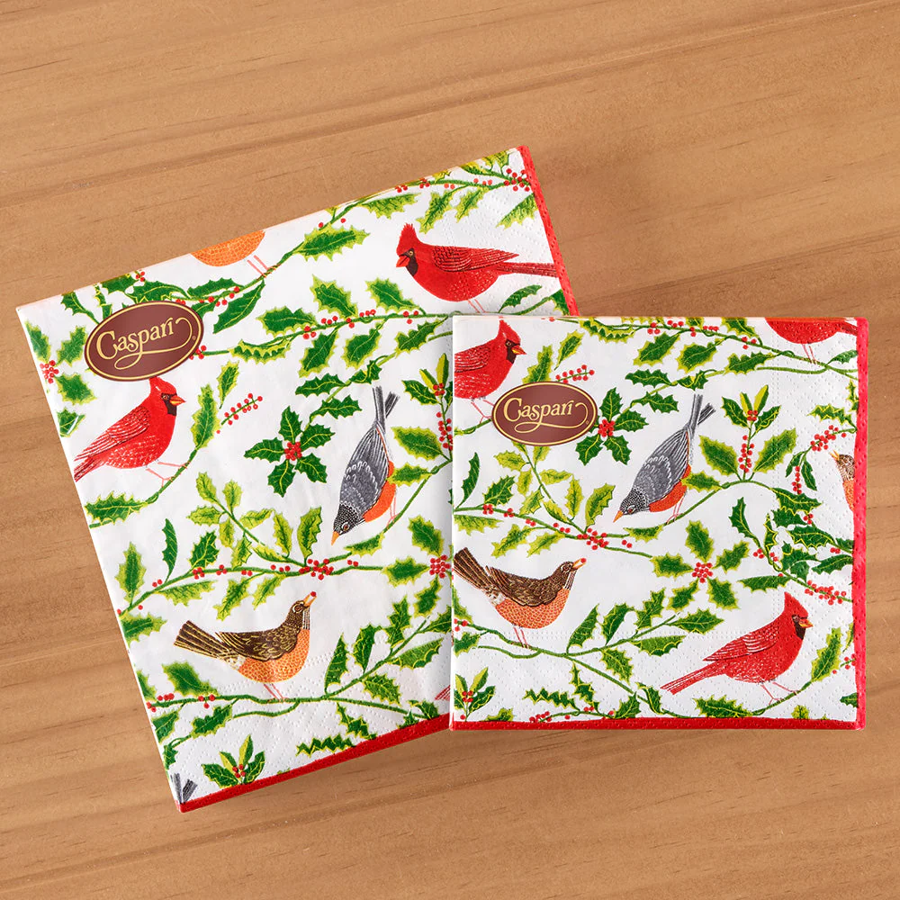Caspari Paper Napkins, Songbirds and Holly - Image 2