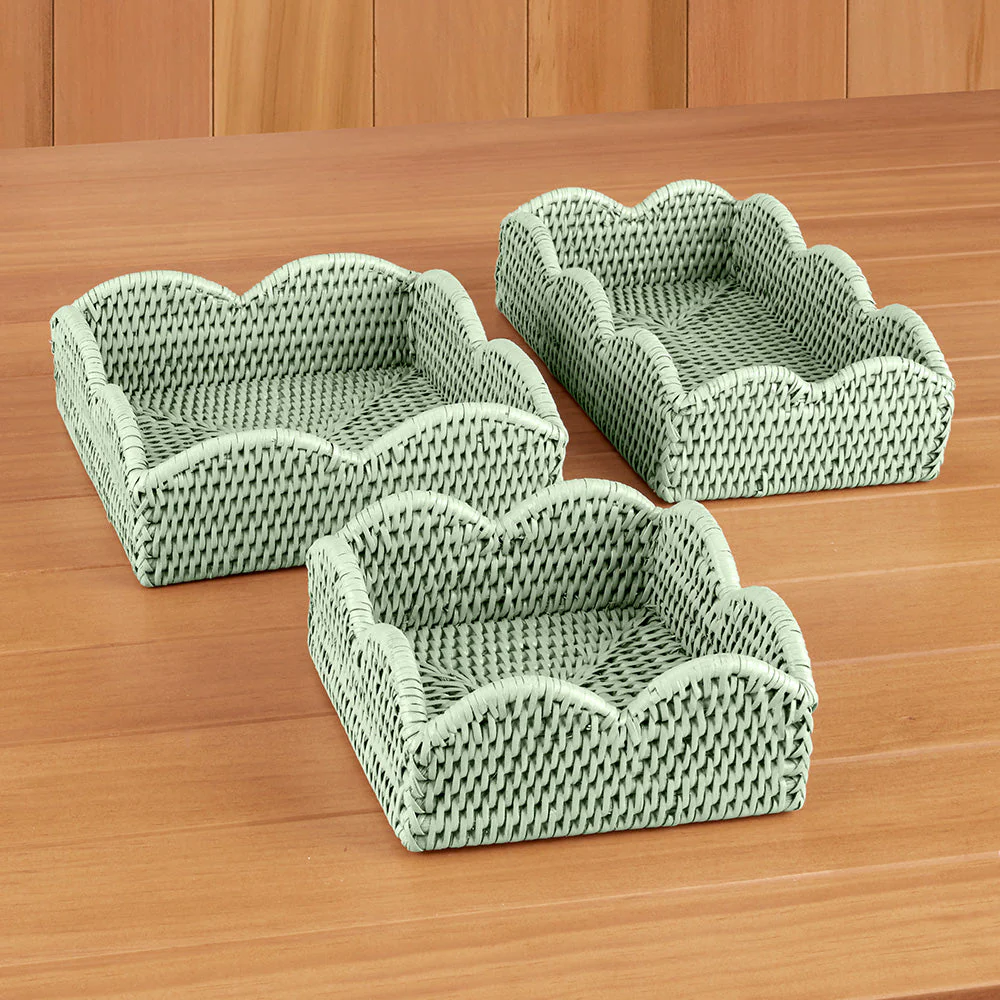 Caspari Scalloped-Edge Rattan Napkin Holders, Green - Image 4