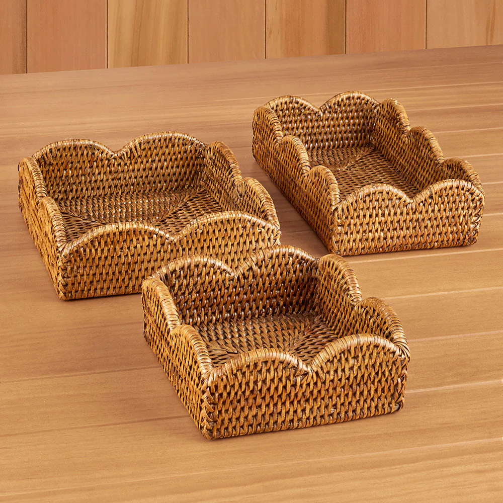 Caspari Scalloped-Edge Rattan Napkin Holders, Natural - Image 2