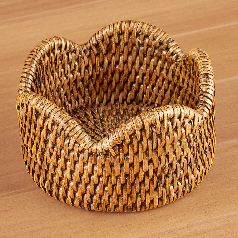 Caspari Scalloped-Edge Rattan Wine Bottle Coaster & Coaster Holder - Image 2