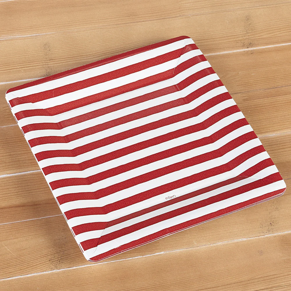 Caspari Square Paper Plates - Red & White Stripe Bretagne - Image 3
