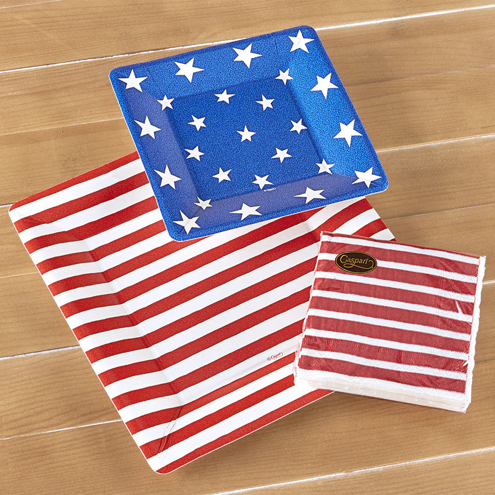 Caspari Square Paper Plates - Red & White Stripe Bretagne - Image 4