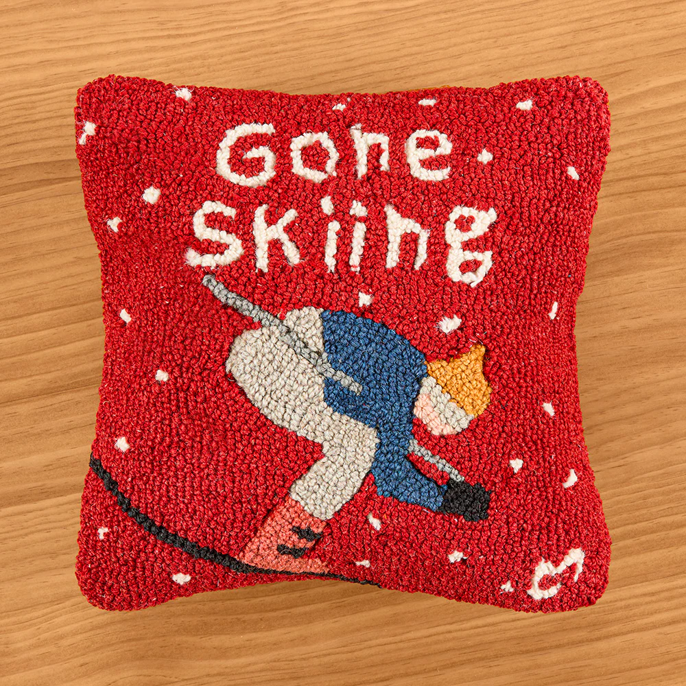 Chandler 4 Corners 14" Hooked Wool Pillow, "Gone Skiing"