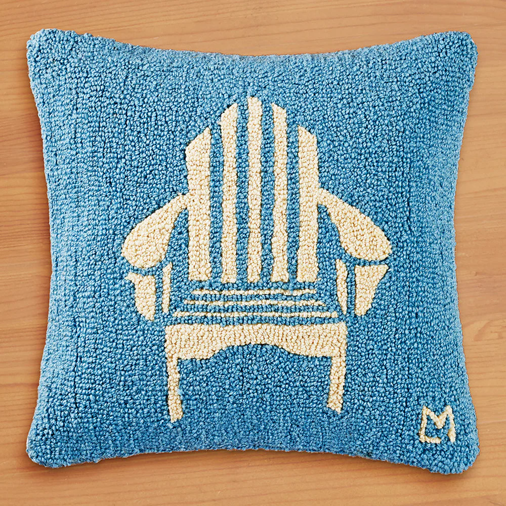 Chandler 4 Corners 18" Hooked Pillow, Adirondack Chair on Blue