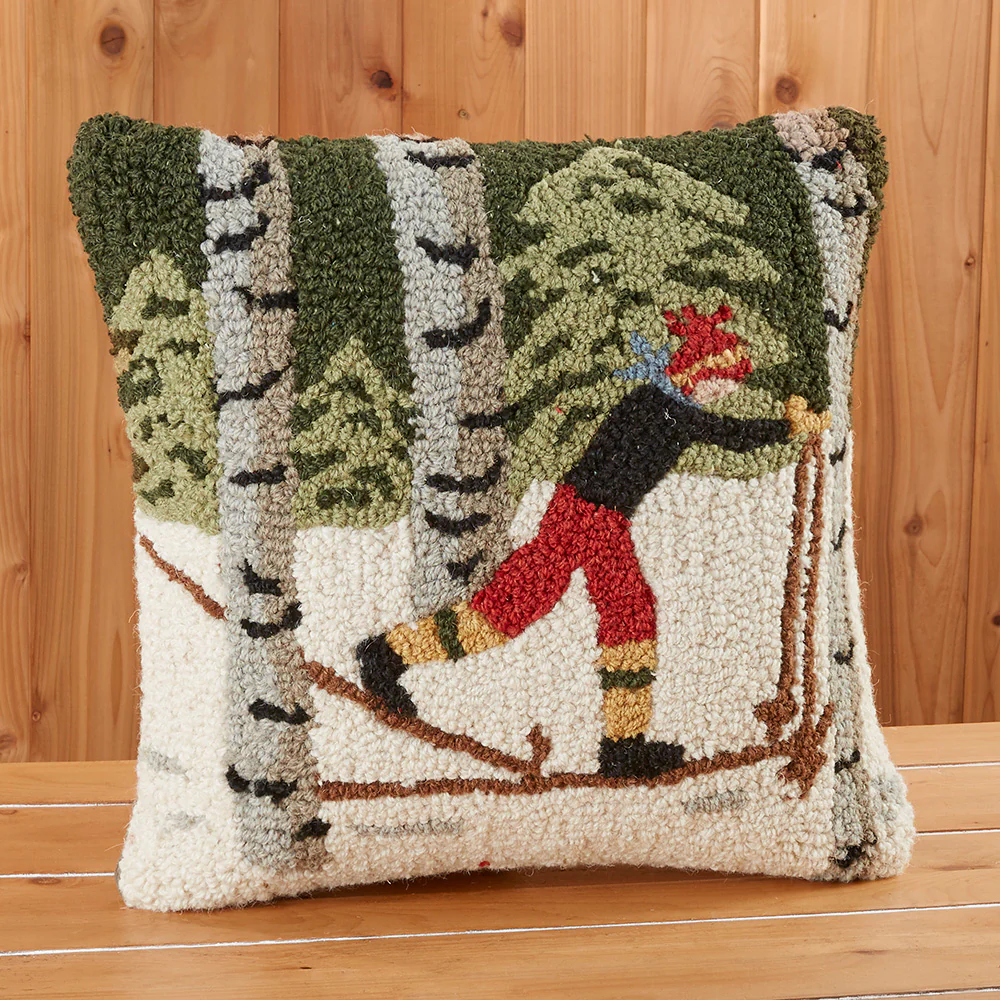 Chandler 4 Corners 18" Hooked Pillow, Back Country Skier - Image 2