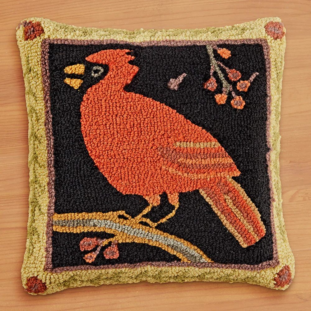Chandler 4 Corners 18" Hooked Pillow, Cardinal & Berries