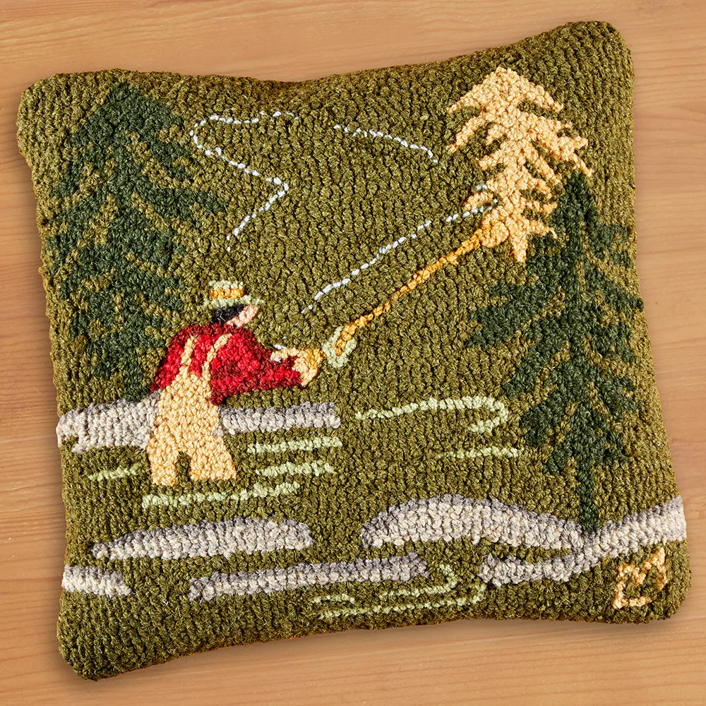 Chandler 4 Corners 18" Hooked Pillow, Fly Fisherman