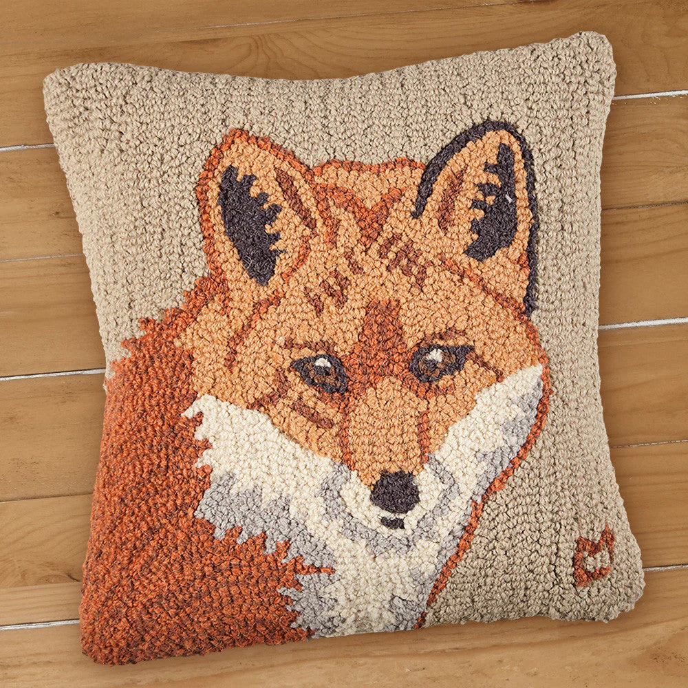 Chandler 4 Corners 18" Hooked Pillow, Fox Face