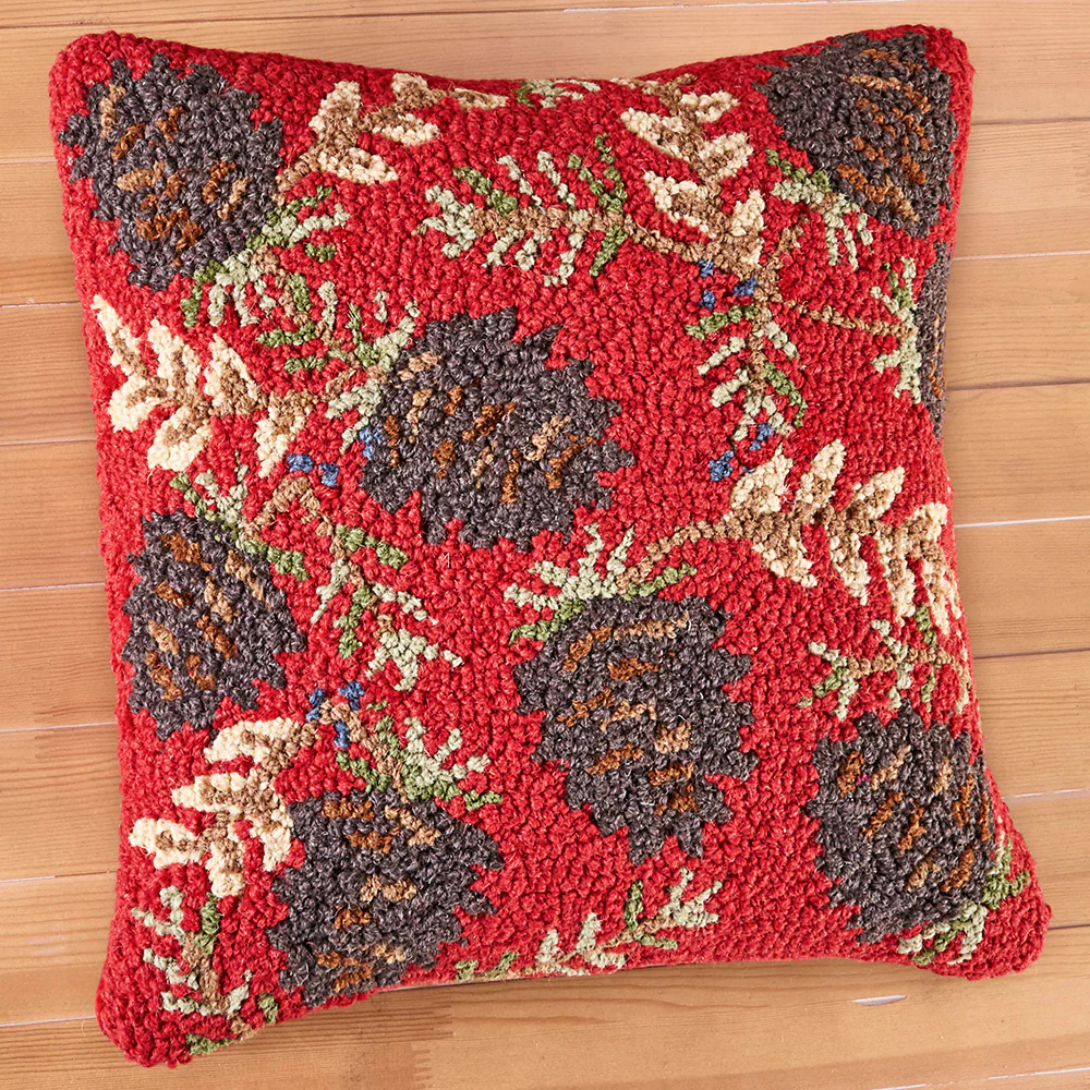 Chandler 4 Corners 18" Hooked Pillow, Ruby Pinecones - Image 2