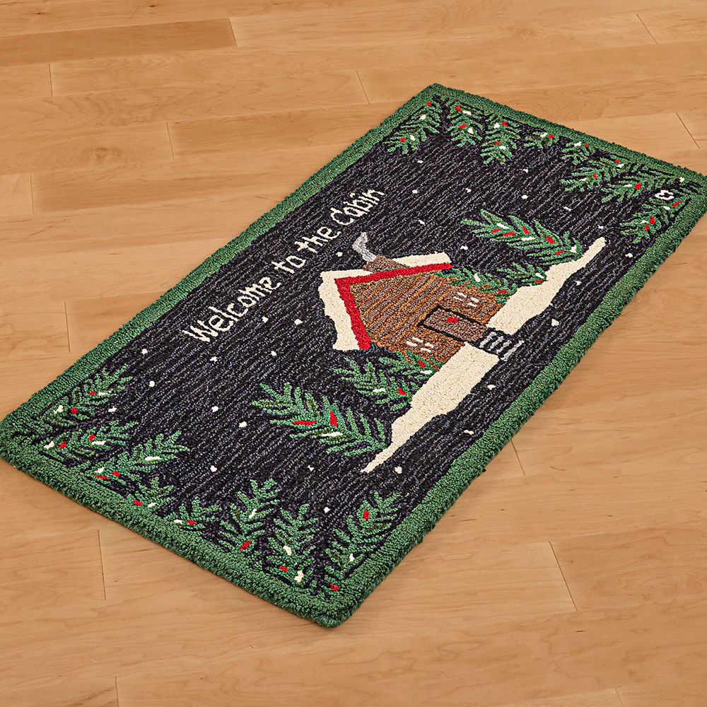 Chandler 4 Corners 2' x 4' Hooked Wool Rug, "Welcome to the Cabin" Pine Woods