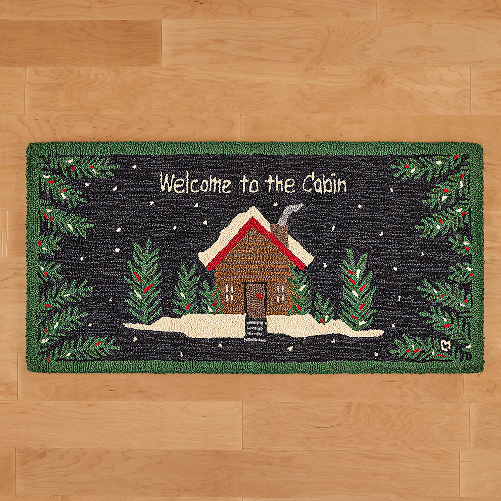 Chandler 4 Corners 2' x 4' Hooked Wool Rug, "Welcome to the Cabin" Pine Woods - Image 2