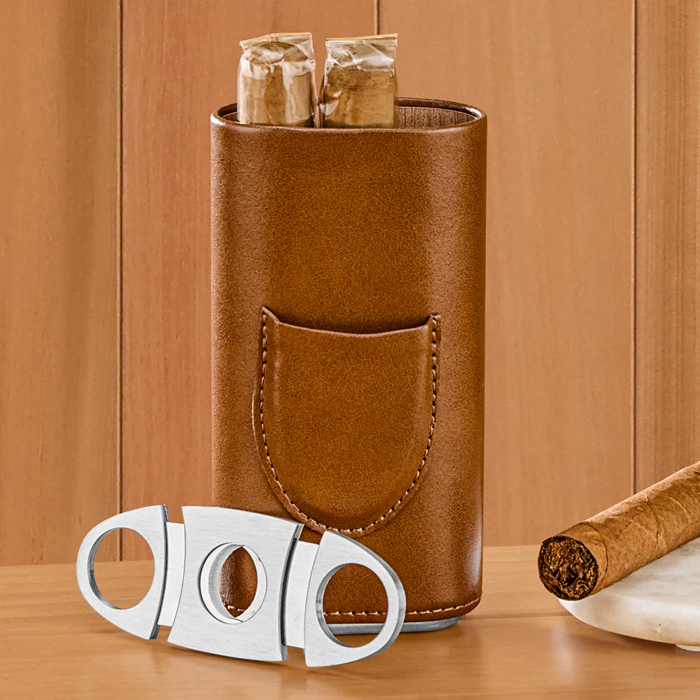 Cole Wheeler Leather Three-Finger Cigar Case and Cutter Set