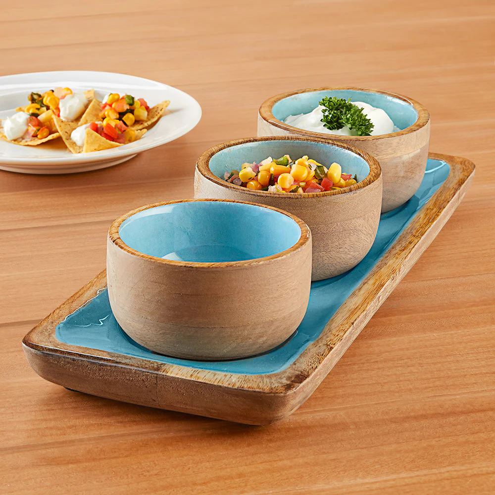 Enameled Mango Wood Condiment Bowl Set - Image 2