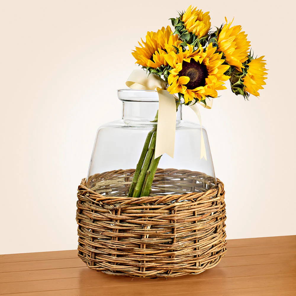 Glass Bottle Vase in Woven Rattan Basket - Image 2