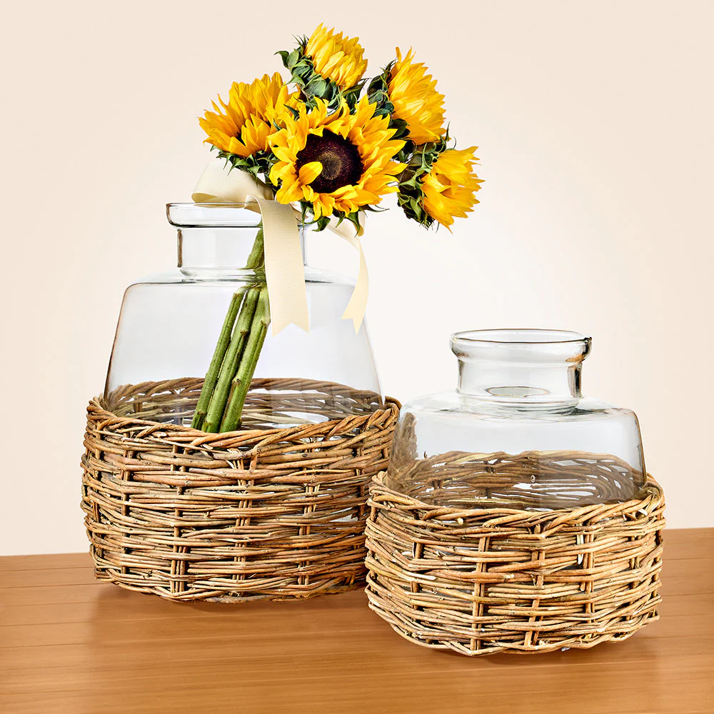 Glass Bottle Vase in Woven Rattan Basket - Image 3