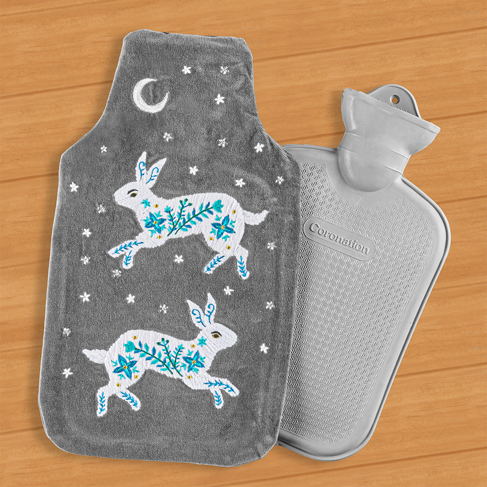 Indaba Embroidered Velvet Hot Water Bottle, Celestial Rabbit - Image 2