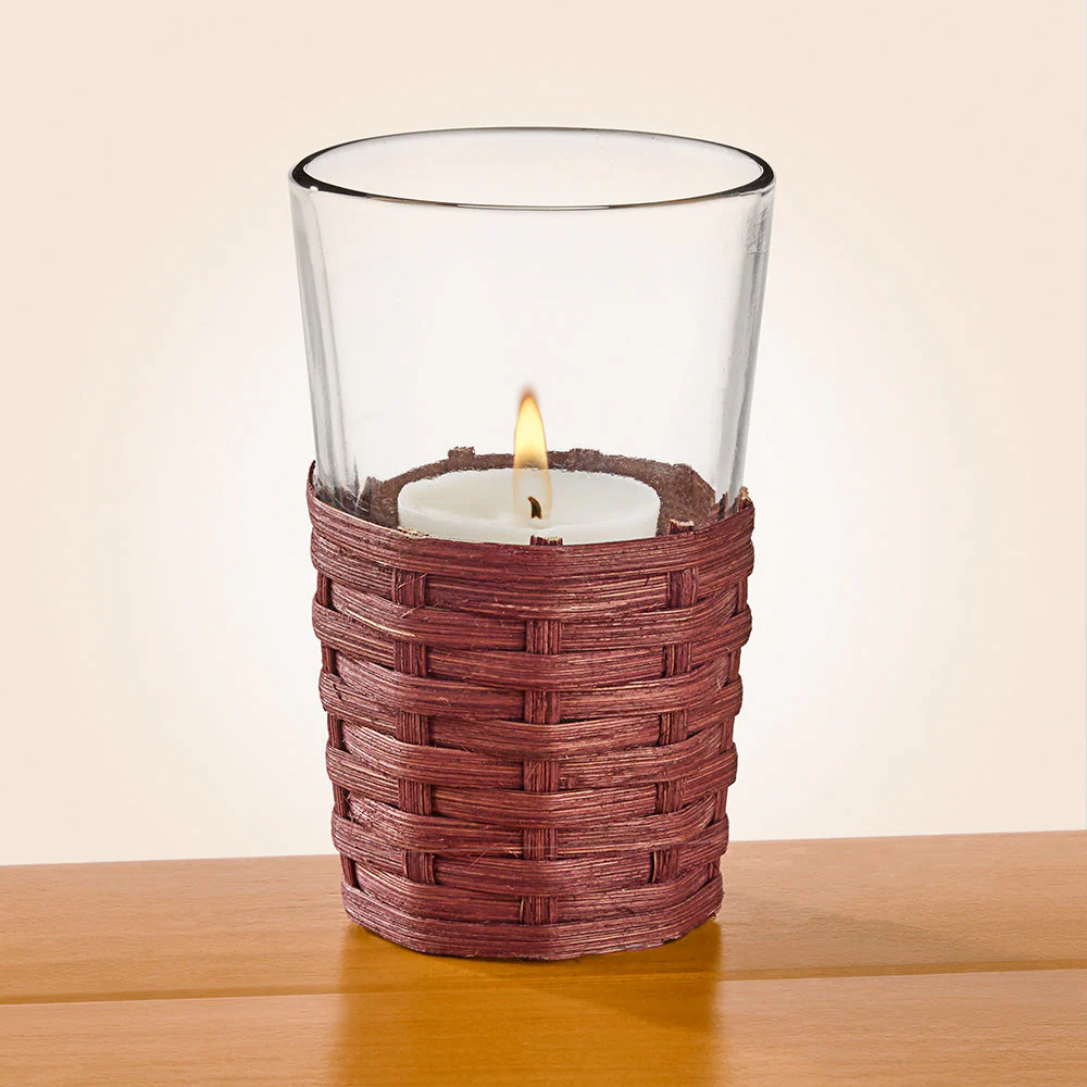 Indaba Glass Votive Candleholder in Woven Cane Basket