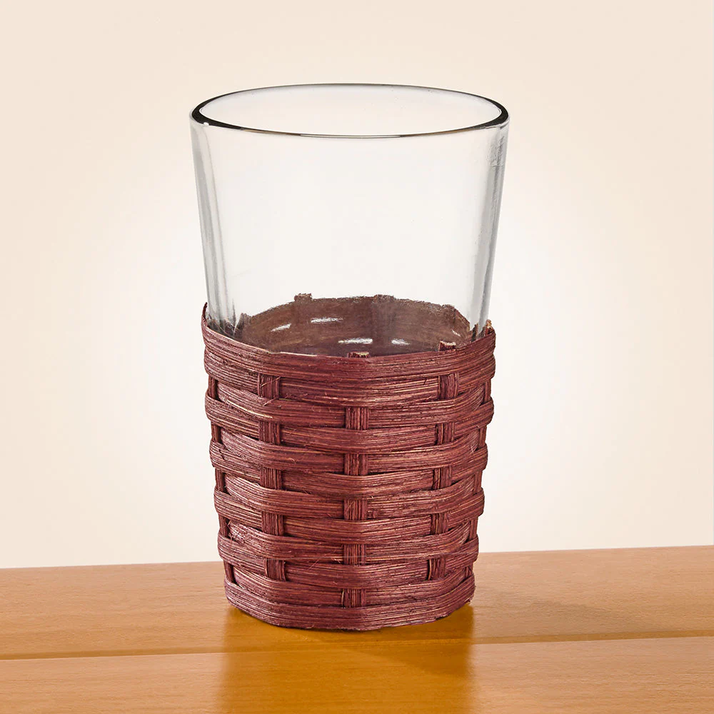 Indaba Glass Votive Candleholder in Woven Cane Basket - Image 2