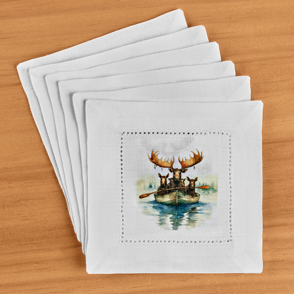 Jolitee Hemstitch Cocktail Napkin Set, Moose on Boat - Image 2