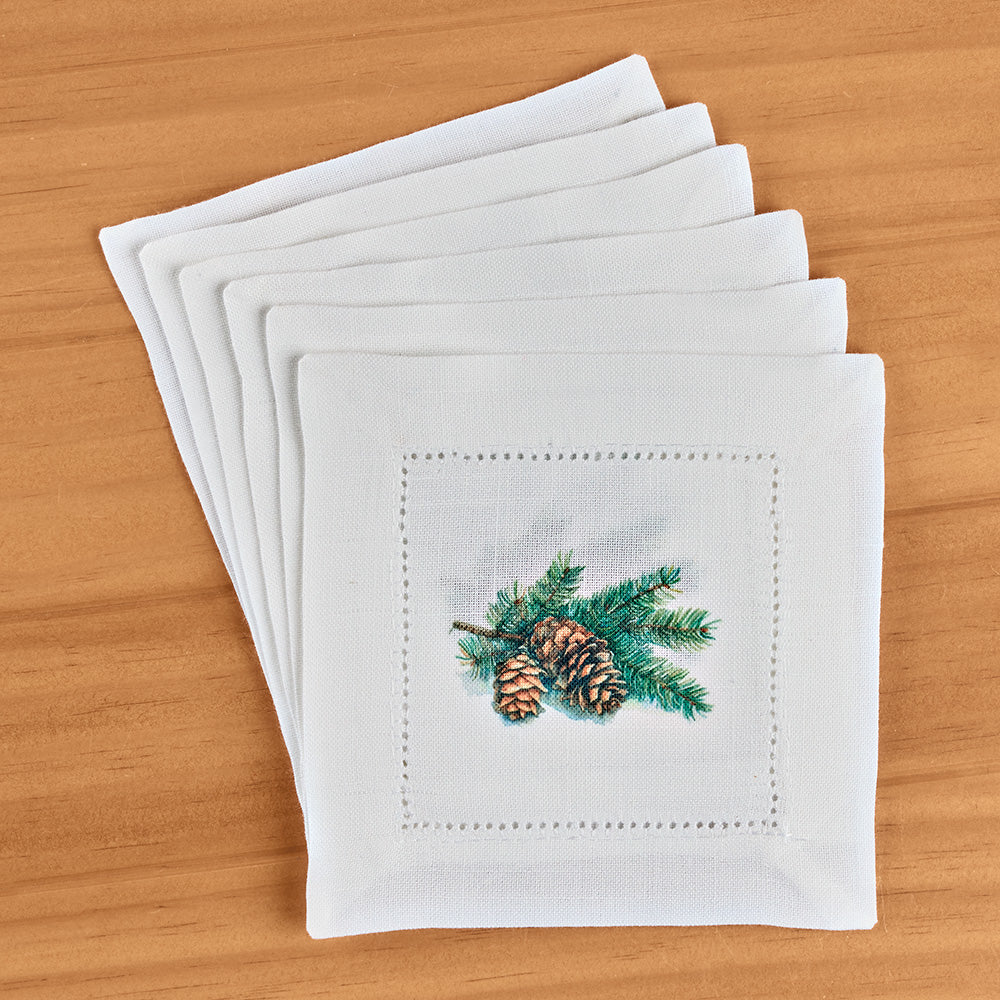 Jolitee Hemstitch Cocktail Napkin Set, Pinecones - Image 2