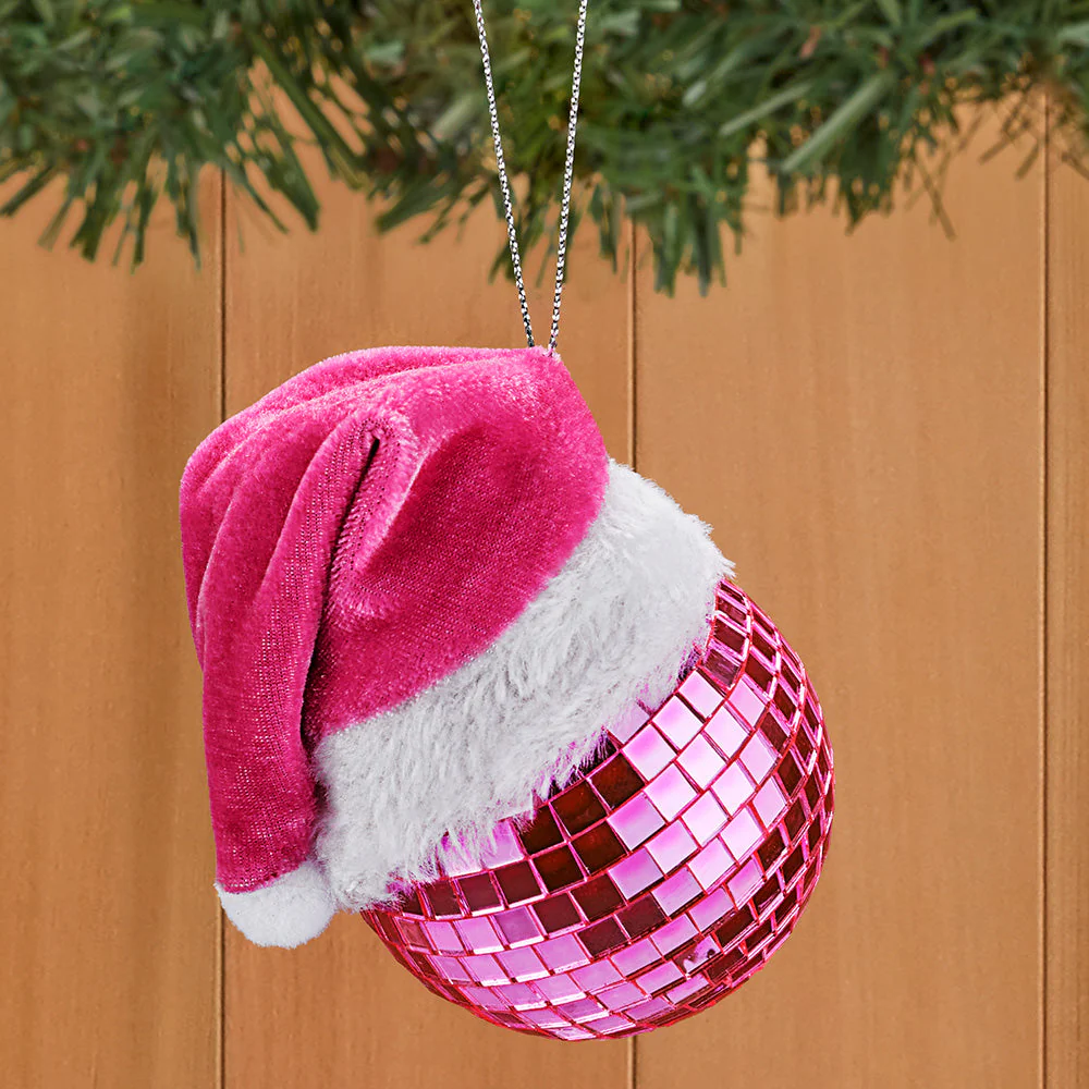 Kurt Adler Ornament, Mirrorball with Pink Santa Hat