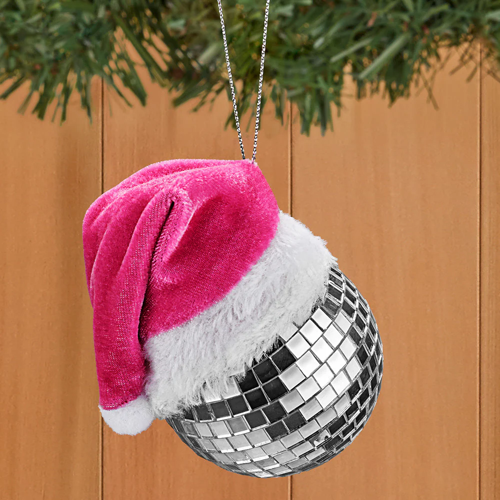 Kurt Adler Ornament, Mirrorball with Pink Santa Hat - Image 2