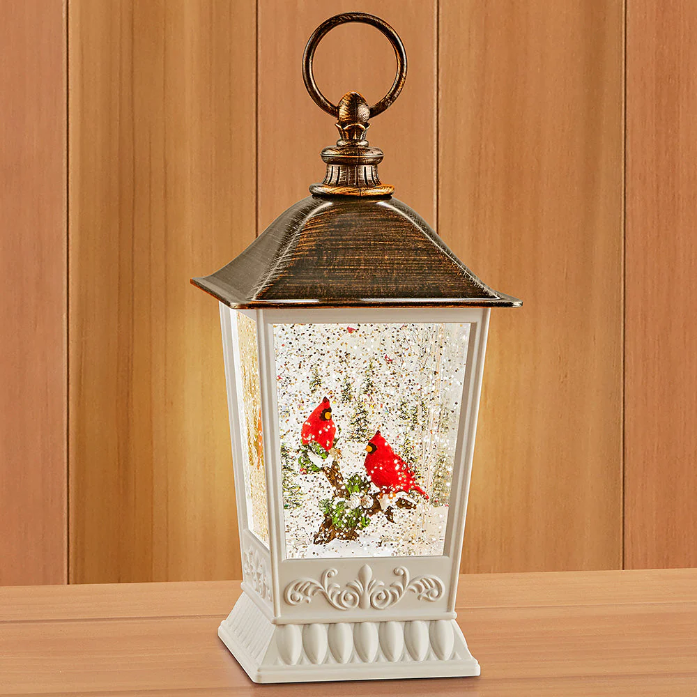 LED Lantern Snow Globe, Winter Cardinals