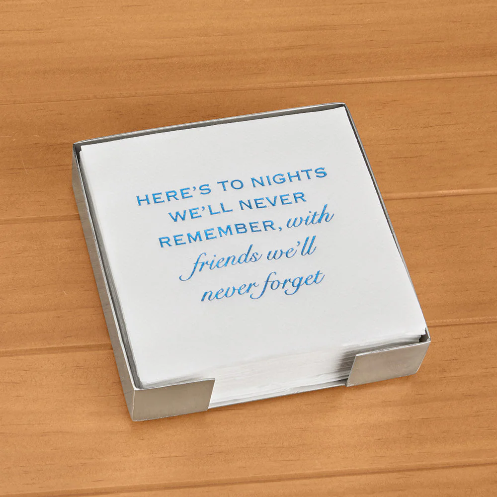 Lined Design Cocktail Napkin and Silver Holder Set, "Friends We'll Never Forget"