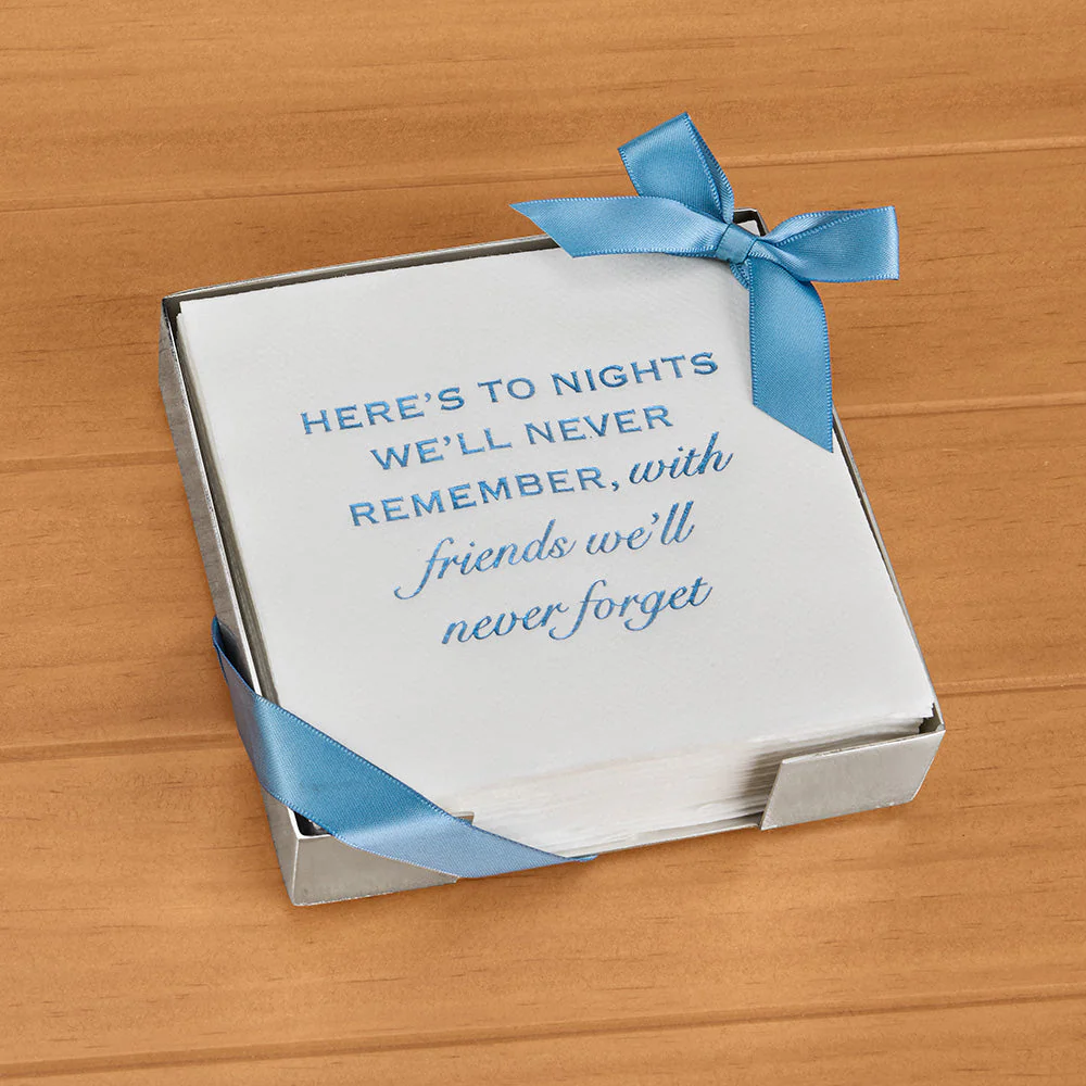 Lined Design Cocktail Napkin and Silver Holder Set, "Friends We'll Never Forget" - Image 2