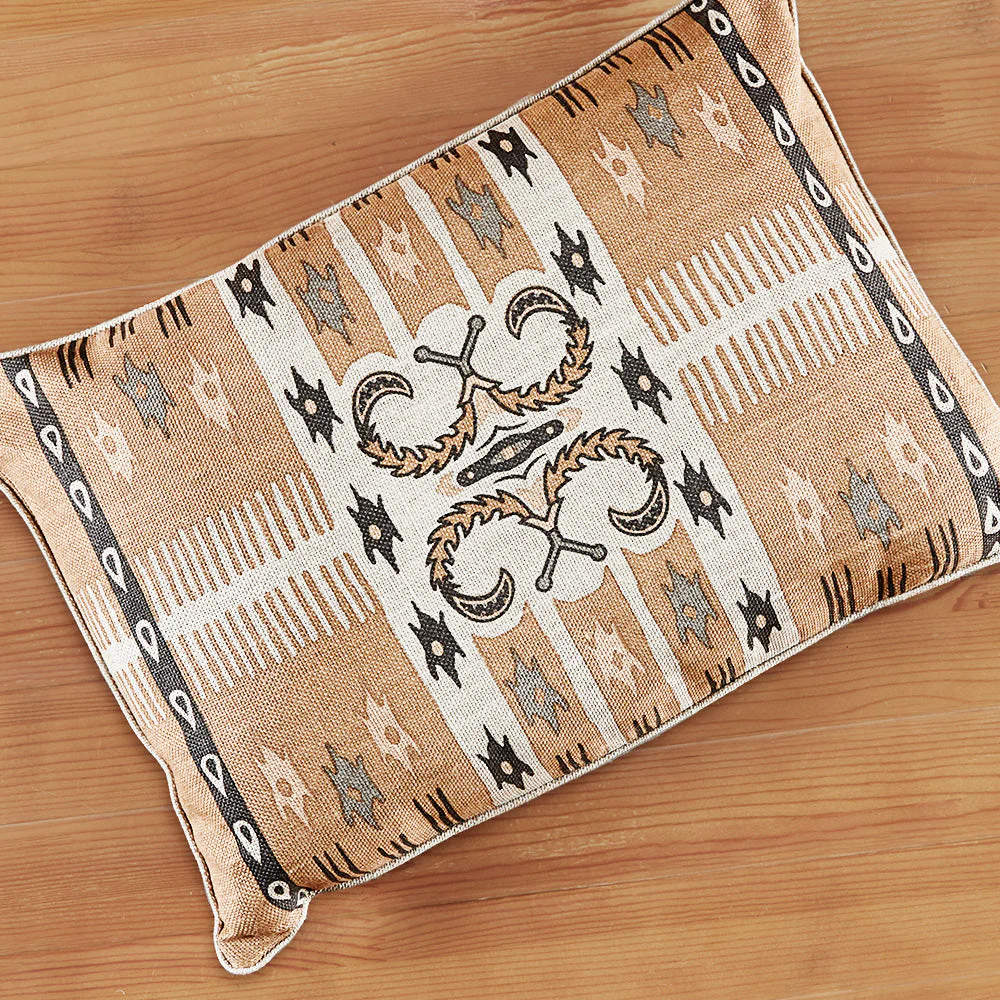New Moon Woven Linen Lumbar Pillow, Brown and Charcoal