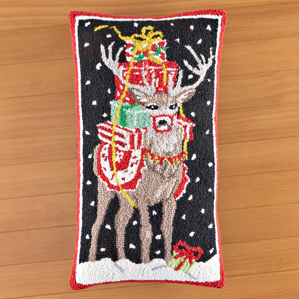 Peking Handicraft 12" x 22" Hooked Pillow, Holiday Gifts Reindeer