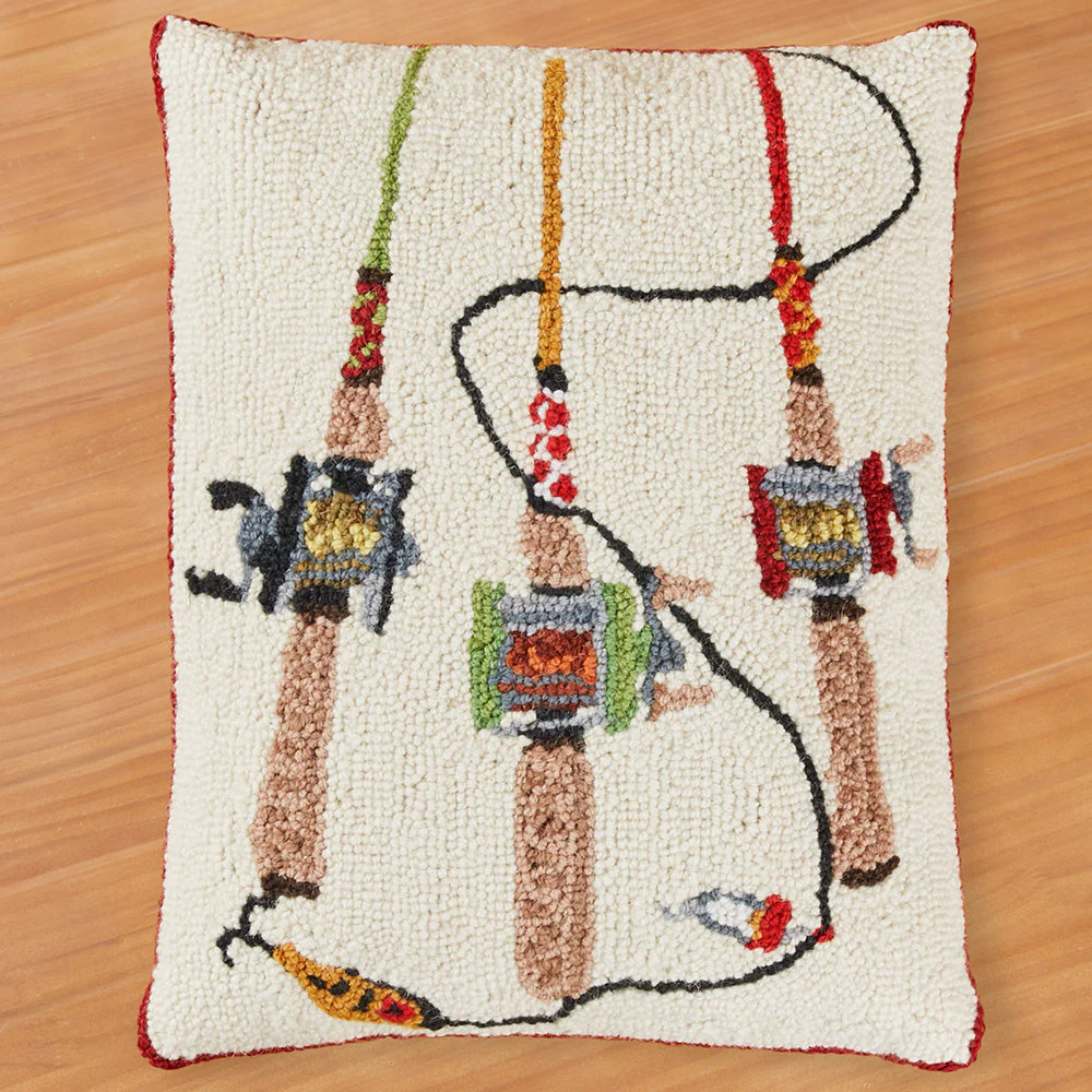 Peking Handicraft 14" x 18" Hooked Pillow, Fishing Rods