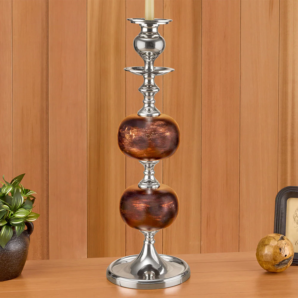 Silver and Wood Spindle Pillar Candleholders - Image 3