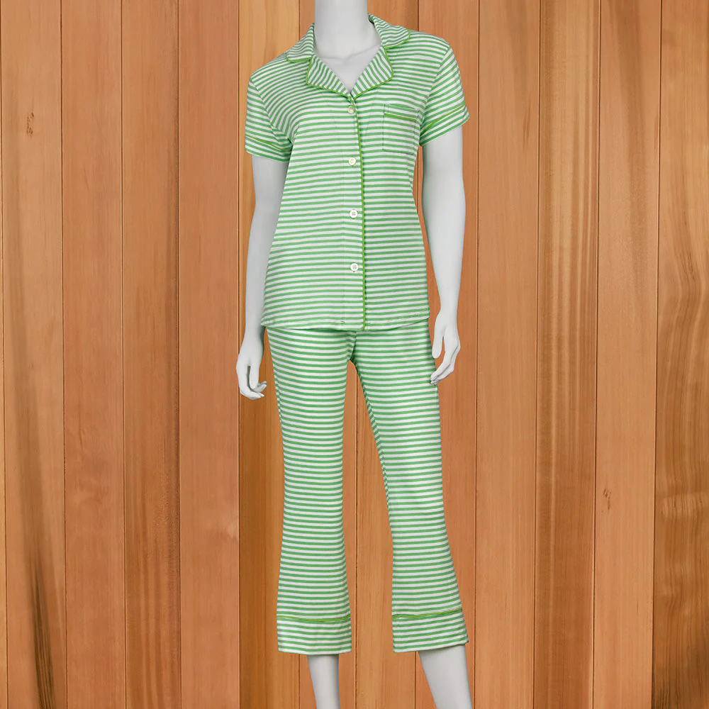 The Cat's Pajamas Women's Pima Knit Capri Pajama Set, Pistachio Essential Stripe - Image 2
