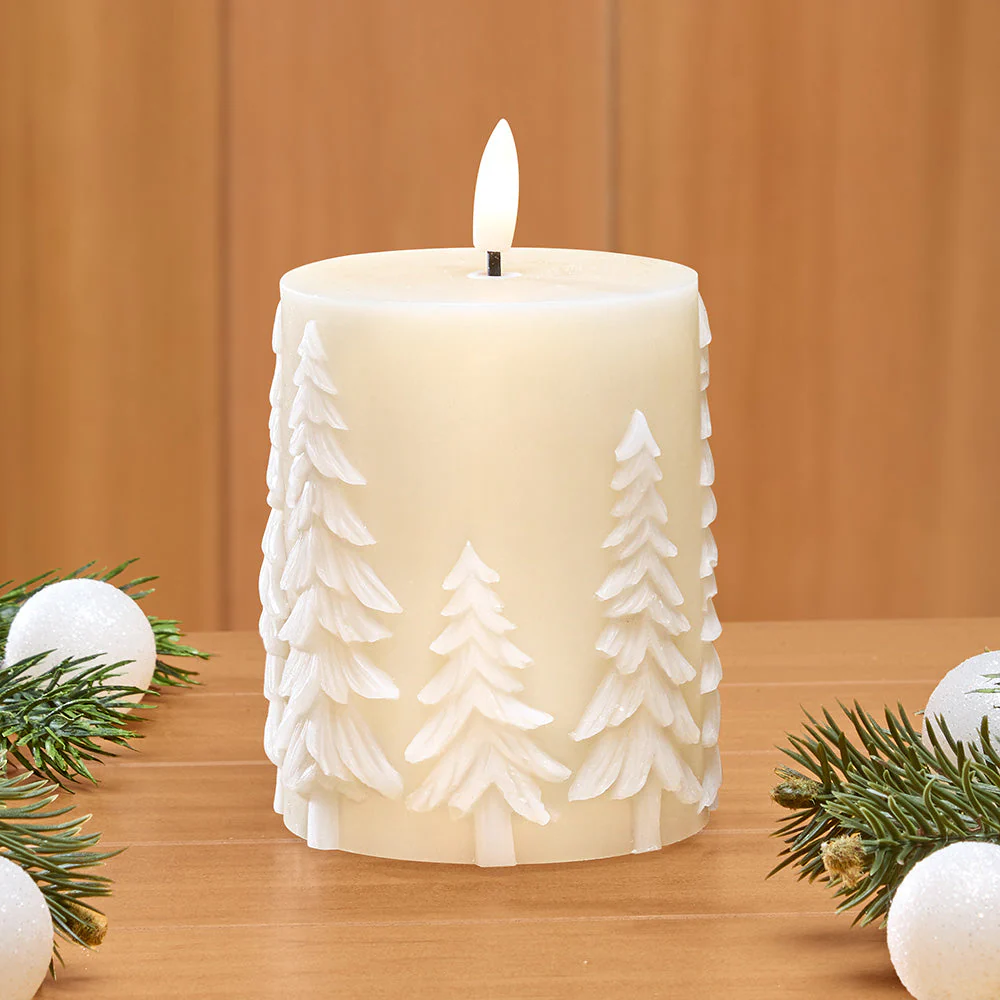 Unscented Flameless Pillar Candle, Snowy Winter Pines - Image 2