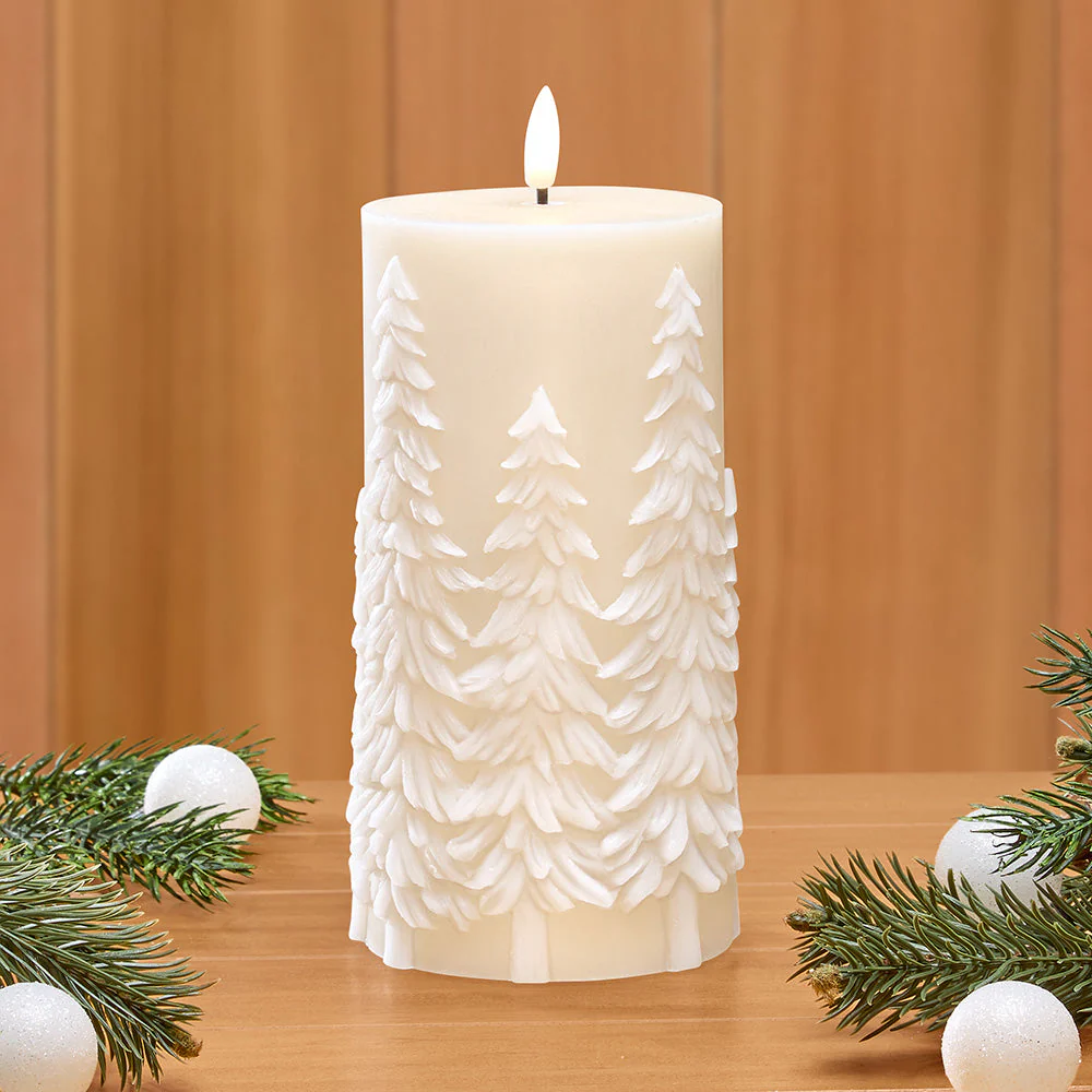 Unscented Flameless Pillar Candle, Snowy Winter Pines - Image 3