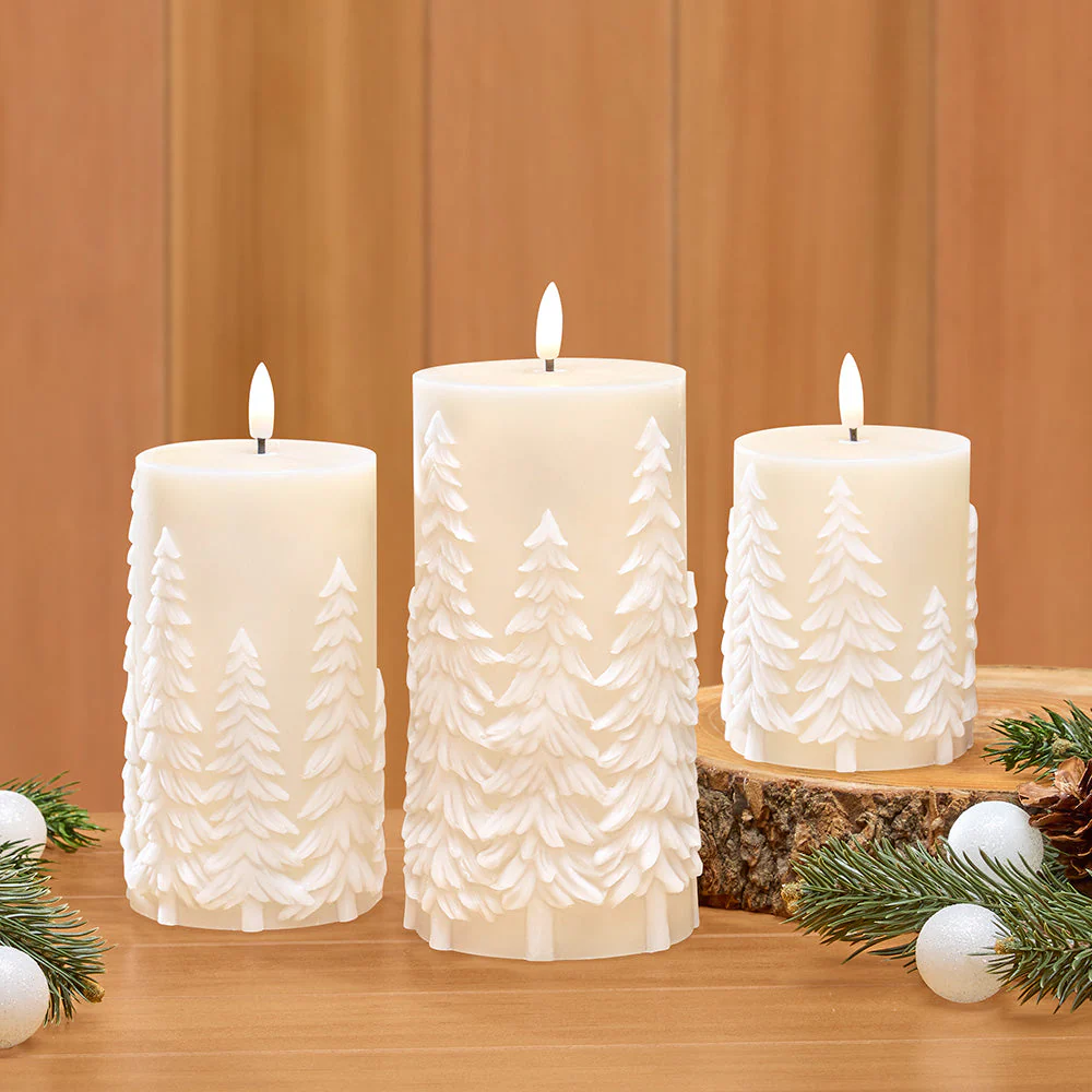 Unscented Flameless Pillar Candle, Snowy Winter Pines - Image 4