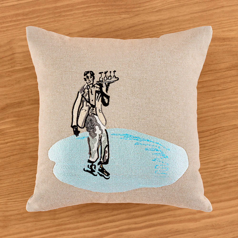 Zodax 16" Embroidered Pillow, Waiter on Ice Skates